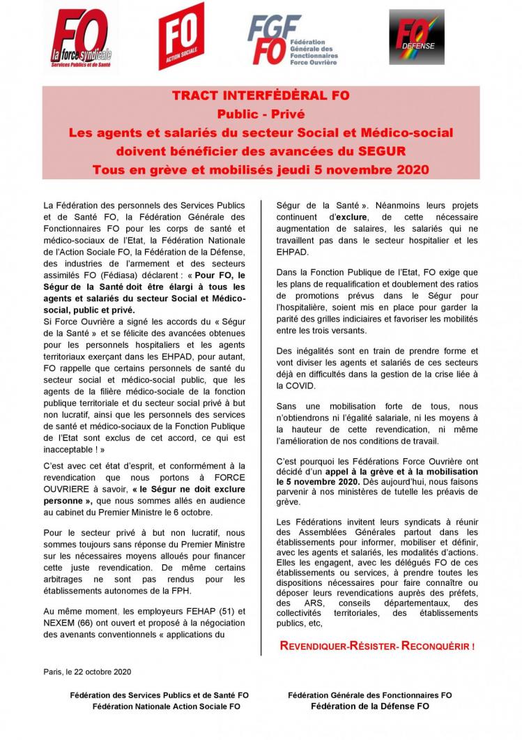 Tract interfédéral FO - Grève Jeudi 5 novembre 2020