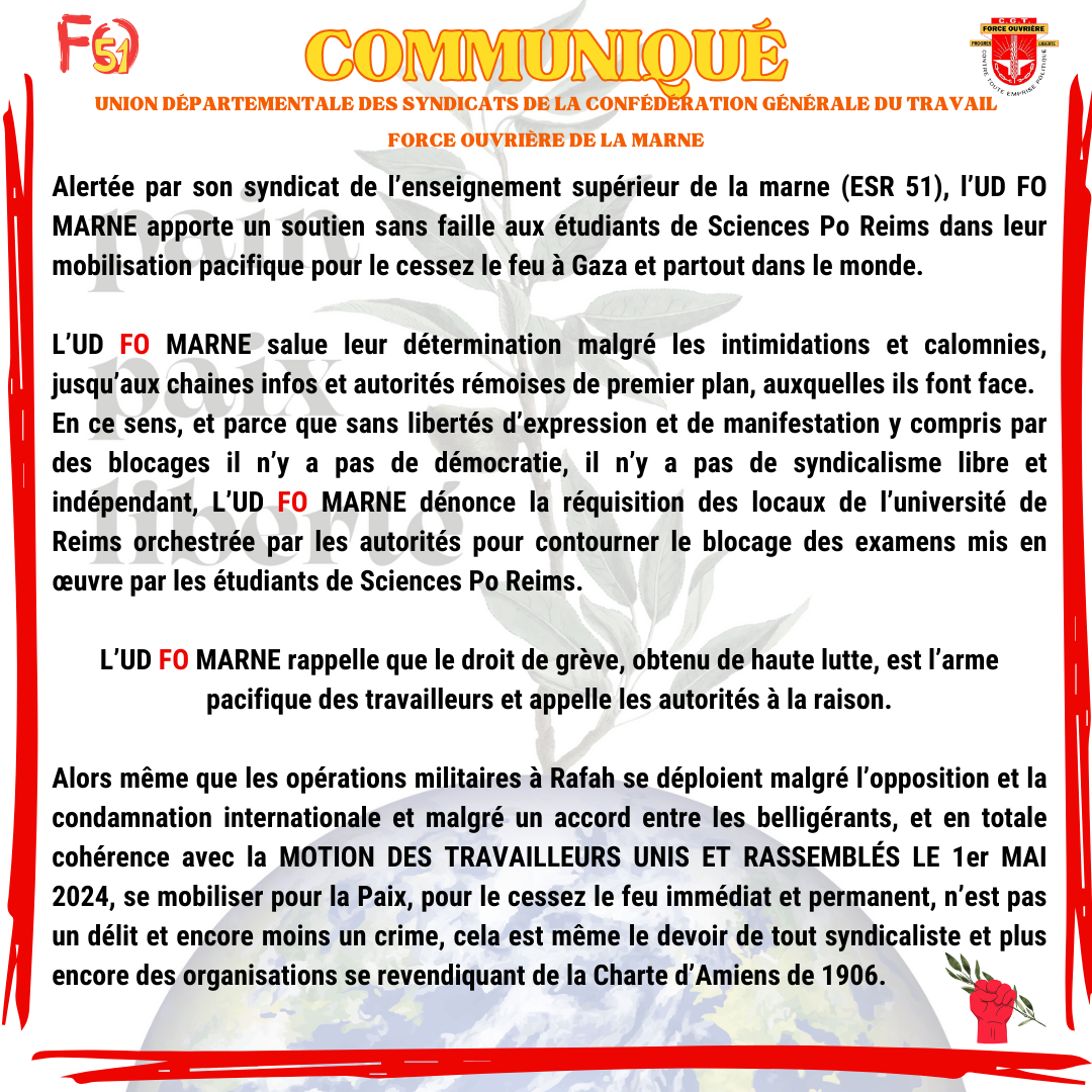 Communique union departementale des syndicats de la confederation generale du travail force ouvriere de la marne du 7 mai 2024