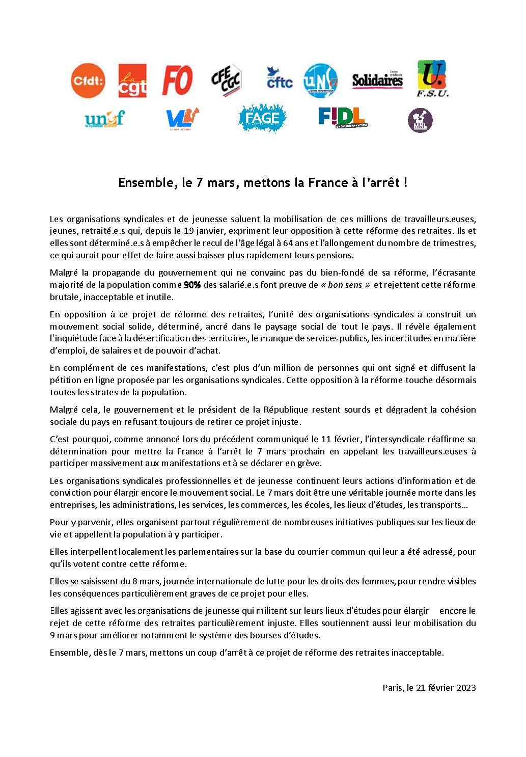 Communique unitaire du 21 fe vrier 2023