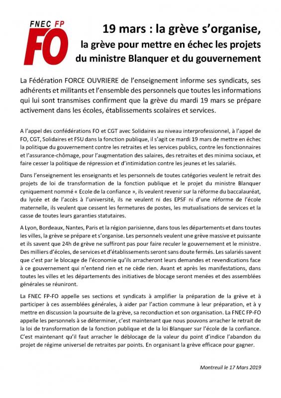 Fnec enseignants - 19 mars - la greve s'organise