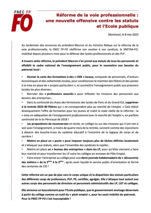 23 05 07 re forme de la voie pro nouvelle offensive contre les statuts et l ecole publique