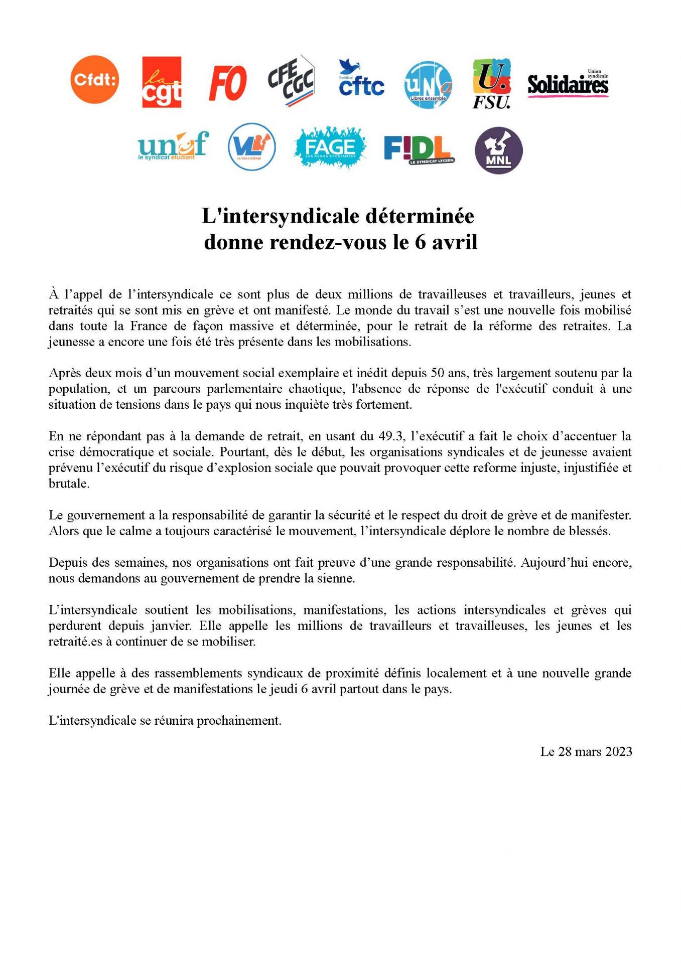 Communiqué de l'intersyndicale -  28 mars