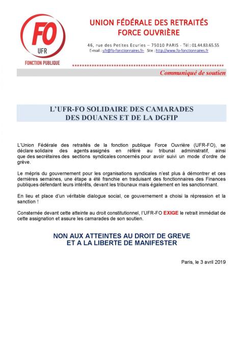 Communique ufr fo de soutien douanes et dgfip 002 2019 04 03