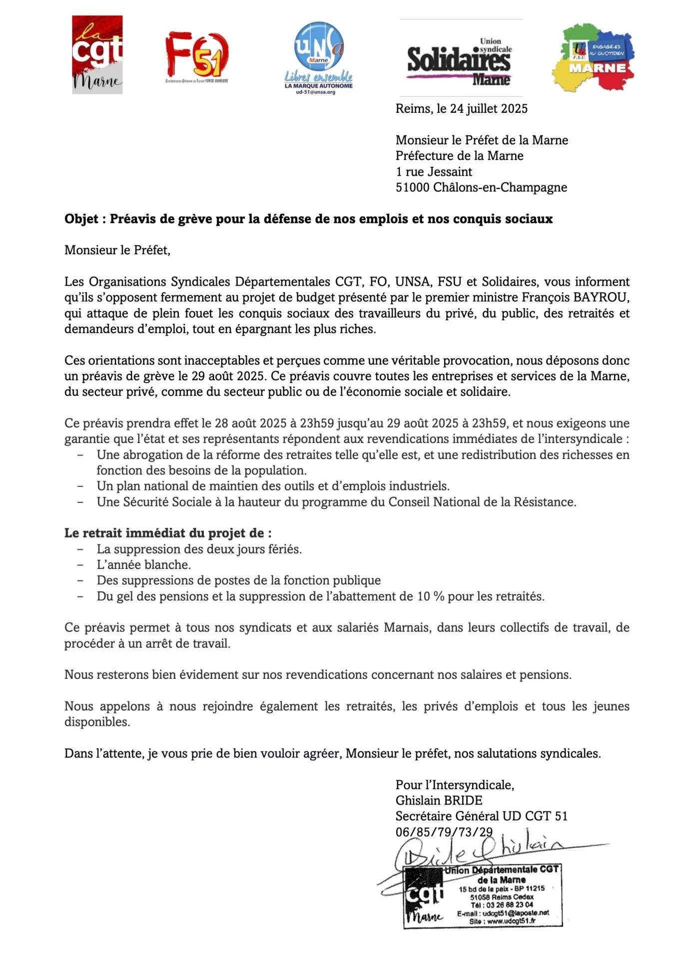 Courrier intersyndical monsieur le prefet de la marne