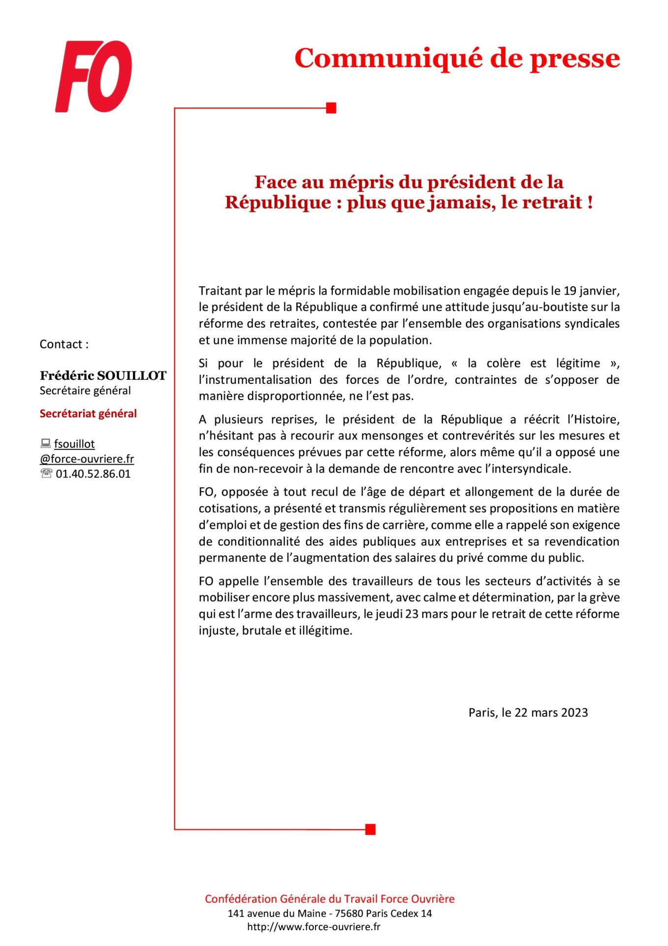 22 mars - Cp fo - Face au mépris du président de la république : plus que jamais le retrait