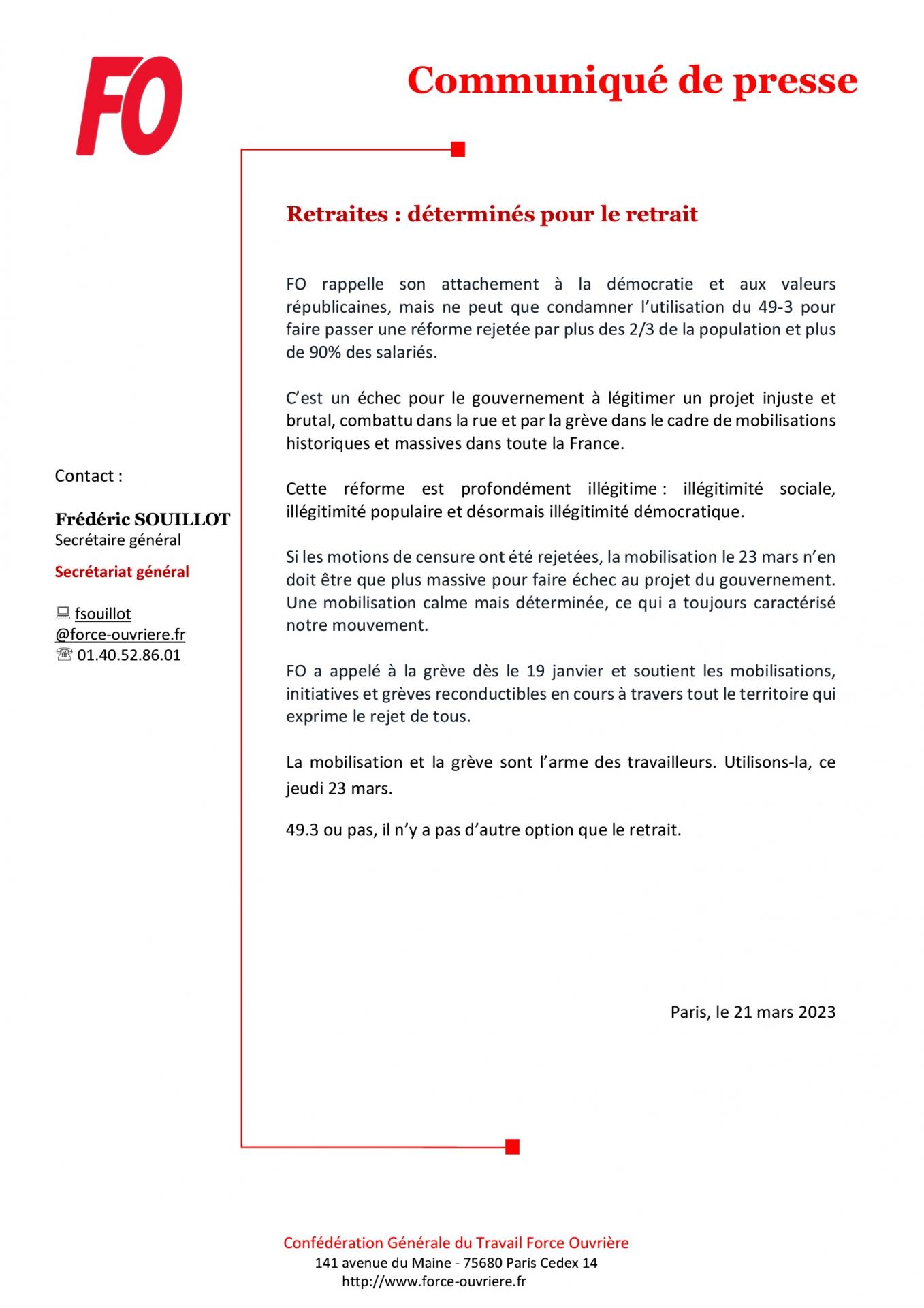 21 mars - Cp fo - Retraites : Déterminés pour le Retrait