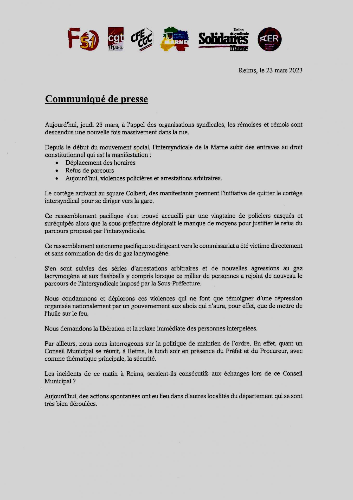 20 mars - Cp intersyndicale marne - Non aux arrestations arbitraires de mineurs