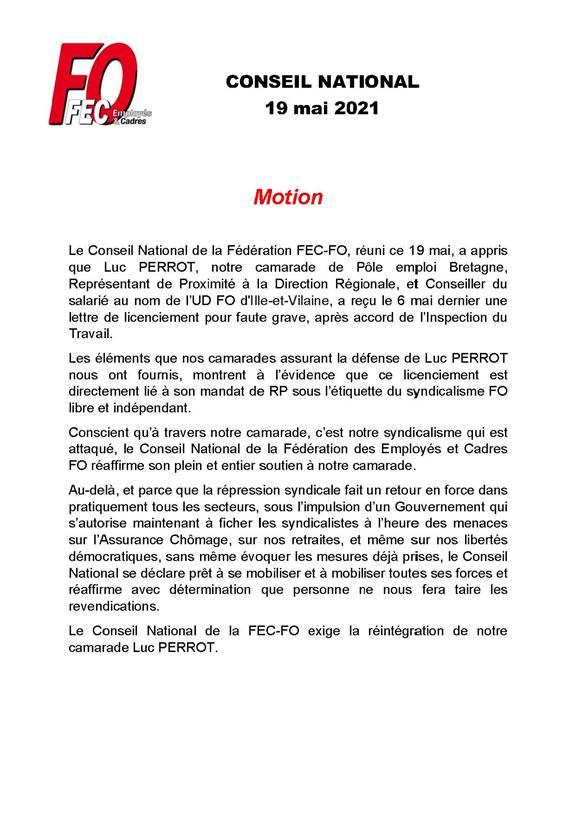 Fec fo : motion du conseil national soutien à notre camarade Luc Perrot