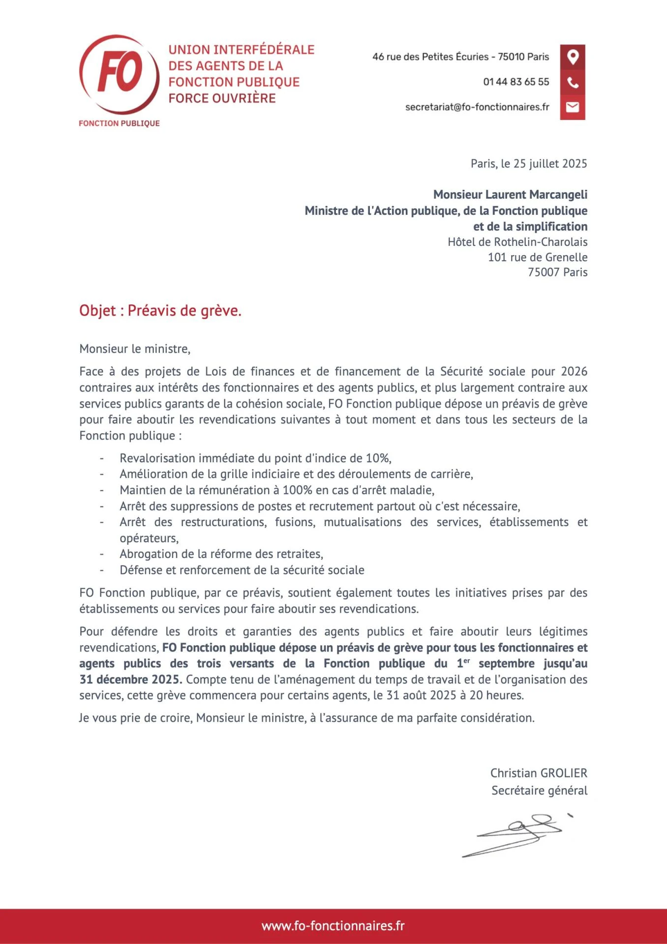 Fo fp courrier pre avis de greve